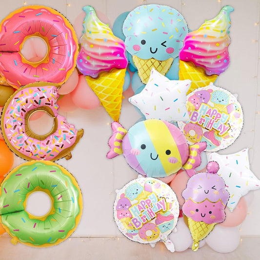12 PCS Large Ice Cream Theme Balloons, Donut & Candy Foil Mylar Balloons for Ice Cream Party Decorations, Summer Birthday, Baby Shower Supplies
