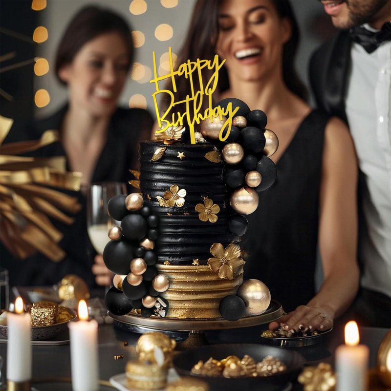 75 PCS Black and Gold Cake Decorations Balls Happy Birthday Insert Cards for DIY Cake Decoration Baby Shower Wedding Birthday Party