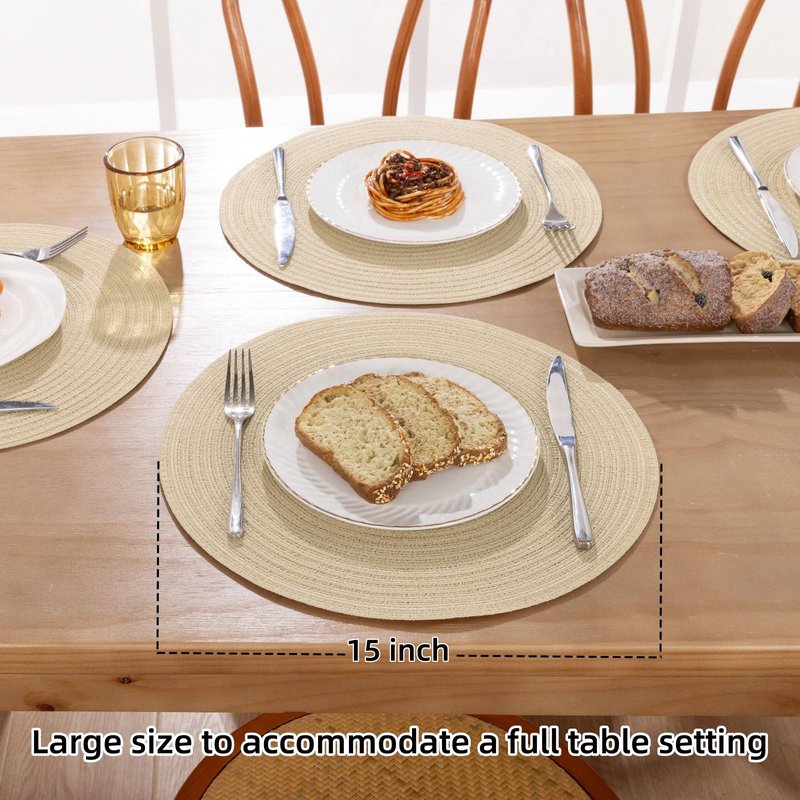 SHACOS 15 inch Round Braided Placemats Set of 6 Cotton Polyester Heat Resistant Table Mats Washable Place Mats for Dinner Party Table Decoration (Light Beige, 6)