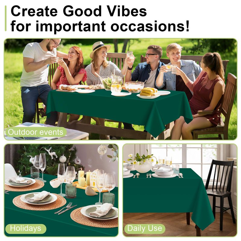 QIKSION Dark Green Plastic Table Cloth Disposable 2 Pack, 54 x 108 Inch Tablecloths for Party, Christmas Decorations, Rectangle Table Cover