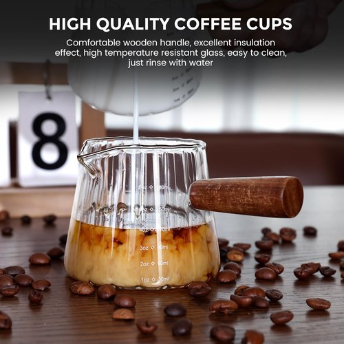Espresso Measuring Cup 6 Oz, Espresso Glass Cups with Wood Handle, Milk Frothing Cup, Espresso Cup for Coffee, Milk, Tea or Maple Syrup Serving