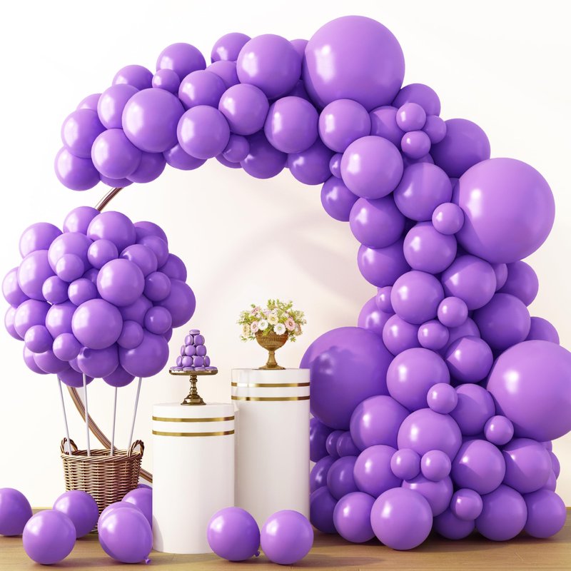 RUBFAC Purple Balloons 129pcs, Lavender Lilac Purple Balloon Arch Kit, Different Sizes 18 12 10 5 Inch for Masquerade Party Decorations Engagement Bachelorette Birthday Bridal Baby Shower Supplies