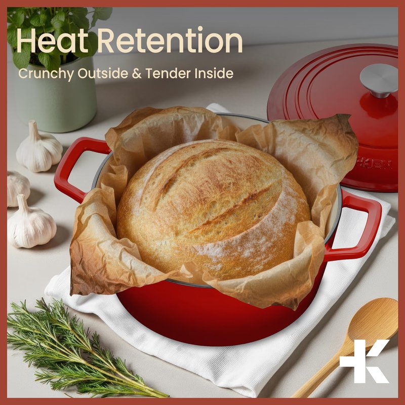 Bakken Enameled Cast Iron Dutch Oven Pot, 6QT Dutch Oven for Bread Baking, Braising & Roasting, Kitchen & Campfire Cooking, Moisture-Locking Lid, Oven Safe Up To 500°F, Works on All Cooktops, Red