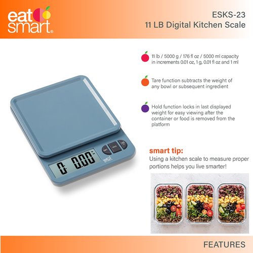 Eat Smart Eat Smart 11lb Food Kitchen Plastic Blue Scale with Tare, Blue