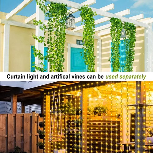 HXWEIYE 12 Pack Artificial Ivy Greenery Garland with 200LED Fairy Curtain String Light, Fake Hanging Plants Vines for Wedding Party Garden Greenery Decor Outdoor Indoor Wall Decoration