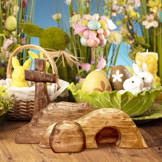 Wooden Nativity Scene, Jesus Resurrection Empty Tomb Easter Decor, Religious Cross & Tiered Tray Set for Home or Tabletop (Empty Tomb)