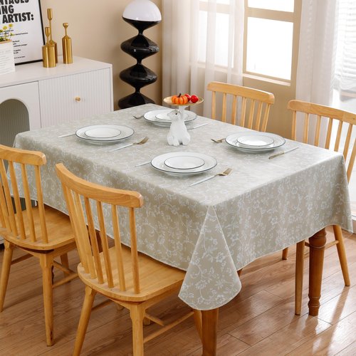 Heavy Duty Vinyl Tablecloth with Flannel Backing Waterproof Oil-Proof Plastic Table Cloth Stain-Resistant Wipeable Rectangle or Square Table Cover for Indoor and Outdoor (Beige Floral,52x70 Inch)