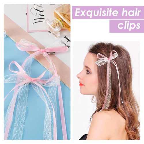 HINZIC Hair Clips - 4pcs Coquette Lace Bows in Pink & White | Cute Bowknot Ribbon Barrettes for Women & Teens