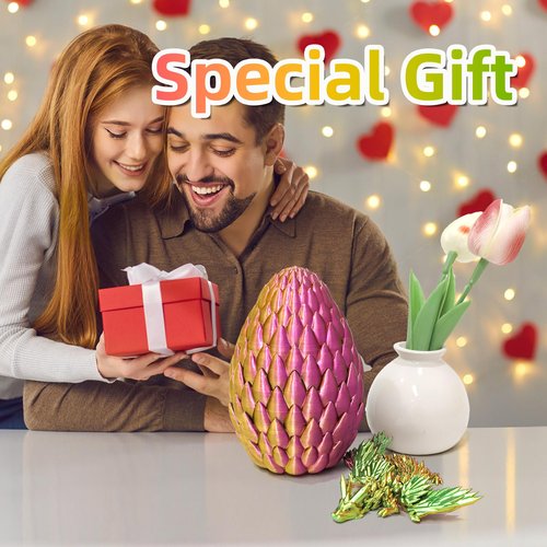 Flavery 3D Printed Flying Dragon in Egg - Easter Basket Stuffers, Easter Surprise Egg with Flexible Winged Dragon Inside, Mystery Fidget Toy, Birthday Gift, Desk Figure Decor (Green Pink Gold)