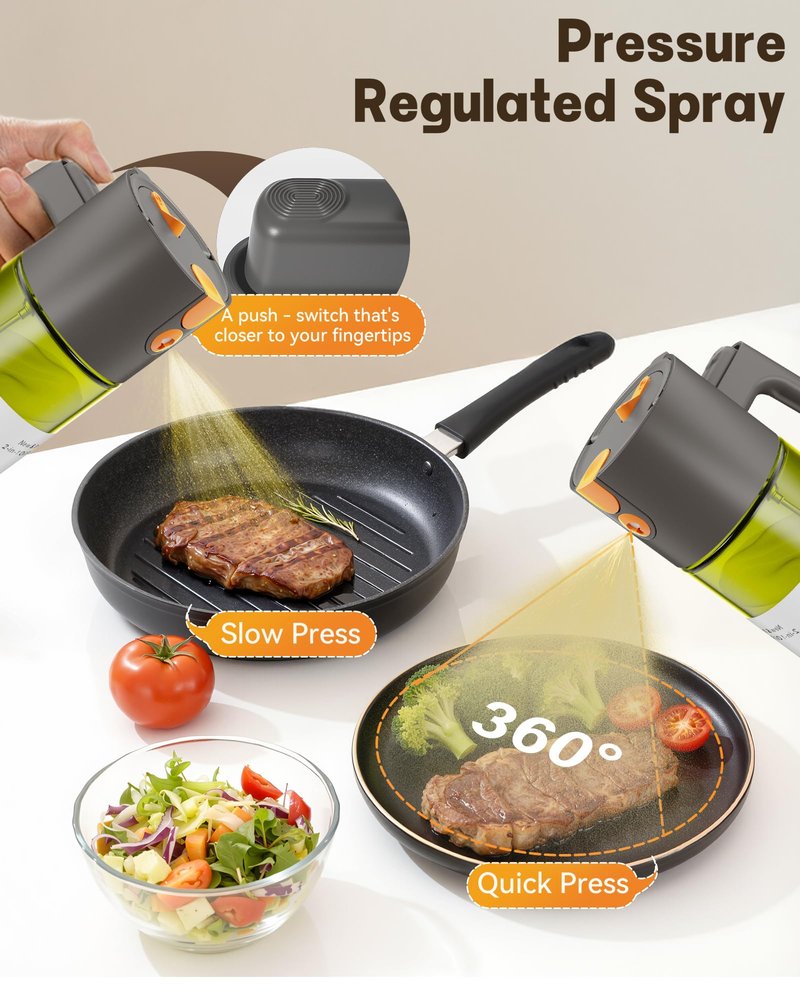 OURCABECUE Upgrade 2 in 1 Oil Sprayer for Cooking, 17oz Light-Blocking Glass Olive Oil Dispenser Bottle for Kitchen,Food-Grade Oil Mister with 8 Stickers for Salad, Frying (Green Bottle-Grey Gap)