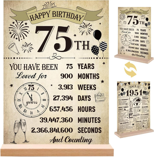 Yoyuspy 75th Birthday Decorations - Vintage Double-Sided Acrylic Poster Sign with Stand | Perfect for 1951 Theme Party