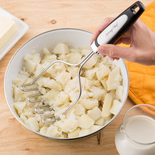 Spring Chef Stainless Steel Premium Vegetable Peeler with Potato Masher, Soft Grip Handle Metal Food Peeler and Masher for Fruit & Vegetables