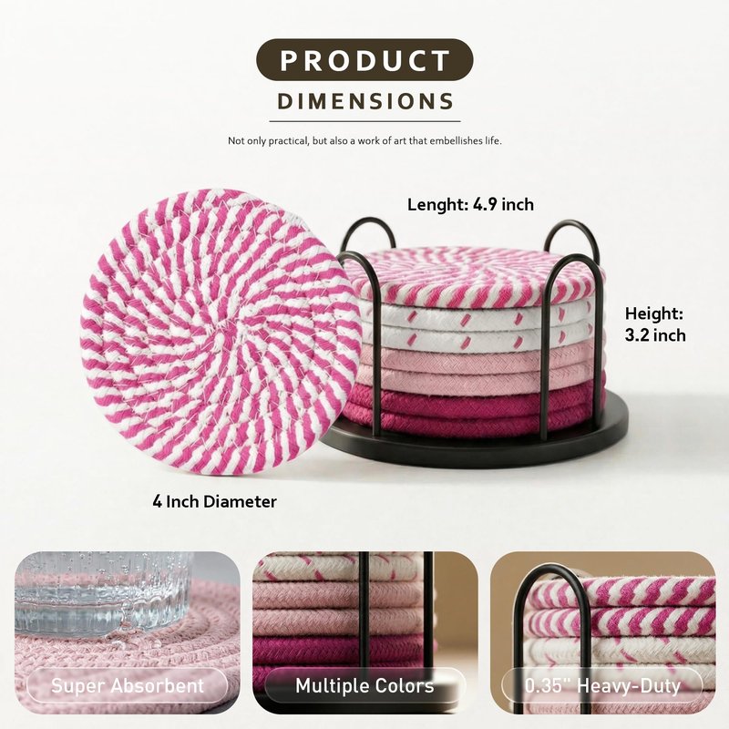 Lazebox Coasters Set of 8 for Drinks, 4 Inch Large Coasters for Coffee Table, Tabletop Protection for Hot & Cold Drinks, Versatile Coasters for Home Decor, Non-Slip & Easy to Clean, Pink