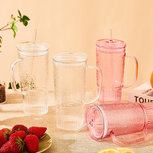 GOSCHE Glass Cups with Lids and Straws, 24oz Glass Tumbler with Straw and Lid, Iced Coffee Cups with Handle for Smoothie Juice Water Tea, Pink, 2 Pack