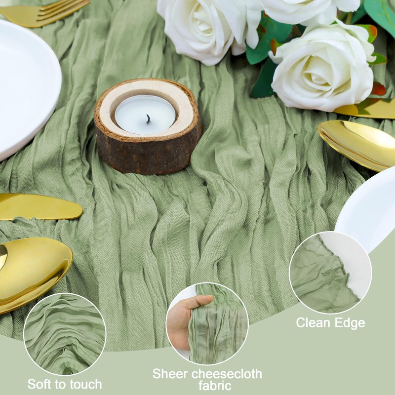 QINJIEJIE Table Runner Cheesecloth 120 Inches Boho Gauze Cheese Cloth 10FT Sheer Table Runner for Summer Home Decor Birthday Wedding Baby Bridal Shower Holiday Party Decoration Sage Green