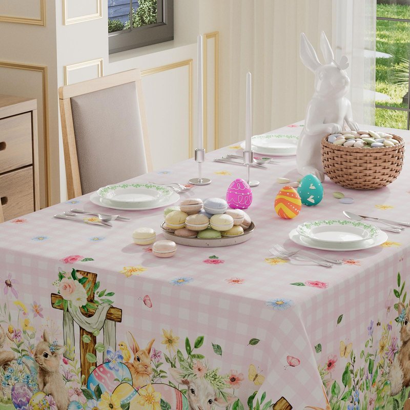 XCHI Plaid Bunny Lamb Eggs Chick Cross Flowers Rabbit Easter Tablecloth Rectangle Table Cloth Washable Table Covers for Indoor Dining Home Party Decorations 60x84 Inch