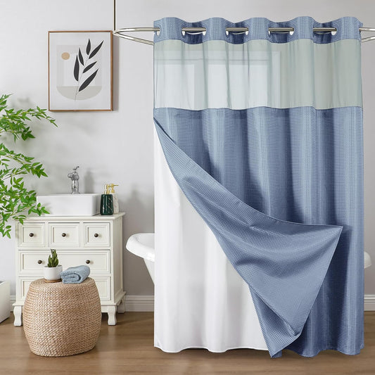 Skiennix No Hook Shower Curtain - Heavy Duty Waffle Weave with Mesh Top Window | 72 x 75 Inch, Moonlight Blue