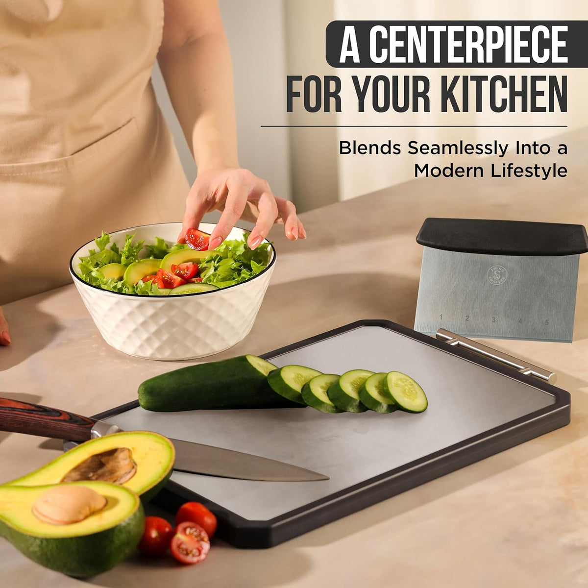 Titanium Cutting Board - Double-Sided Metal Design with Scraper | 16” x 11” Large Kitchen Prep Surface