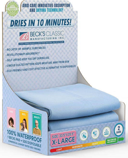 Beck's Washable Underpads - Heavy Absorbency Reusable Bedwetting Pads | 34 x 36 Inches (2 Pack) - Waterproof for Kids, Adults, Pets