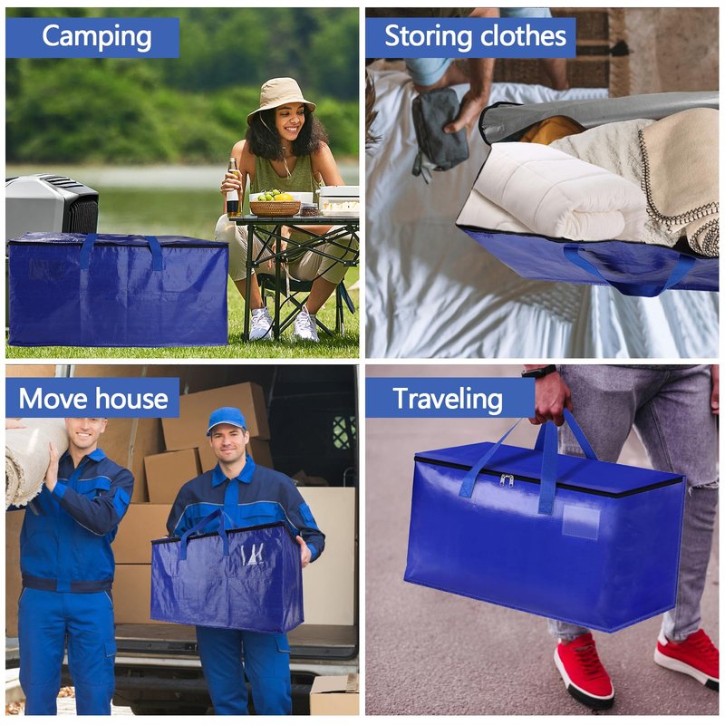 10 Pack Waterproof Moving Bags with Strong Zippers and Reinforced Handles, Real 100lb Capacity Extra Heavy Duty Large Storage Totes for Packing & Moving Storing, Alternative to Moving Boxes -95L,Blue