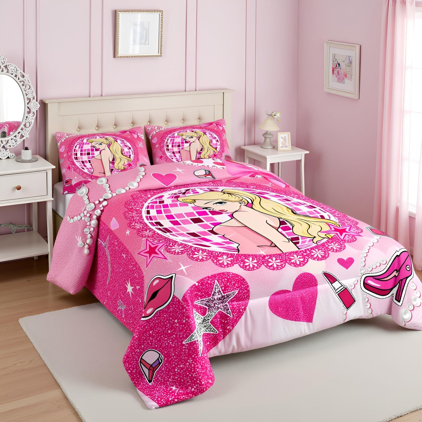 Pink Girly Princess Kids Comforter Set Full Size,High-heeled Shoes Lip Bowknot Romantic Bedding Set,Beauty Girls Room Decor,Glitter Sequin Diamond Down Comforter,Dreamy Duvet Insert,2 Pillowcases