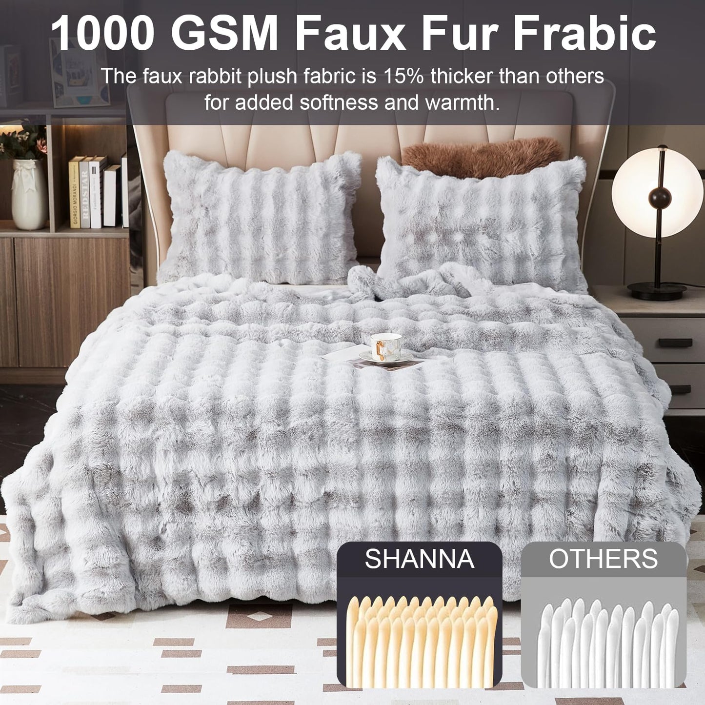 Soft Warm Faux Rabbit Fur Blanket - Thick 1000 G/M Faux Fur Throw with Ruffles - Fluffy, Versatile for Bed, Sofa, Office (Light Gray, 130x160cm / 51"x63")