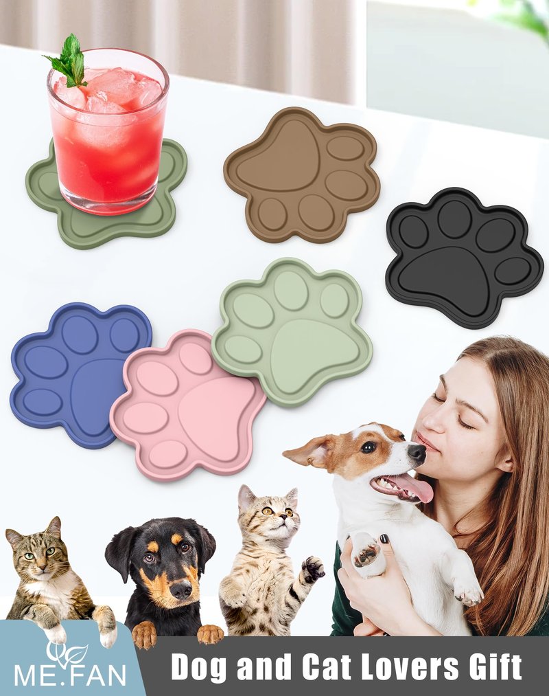 ME.FAN Silicone Coasters 6 Pack Paw Cup Mat with Holder, Dog Cat Paw Shape, for Hot or Cold Drink, Non-Slip, Non-Stick, Room Decor, Housewarming Dusty Rose