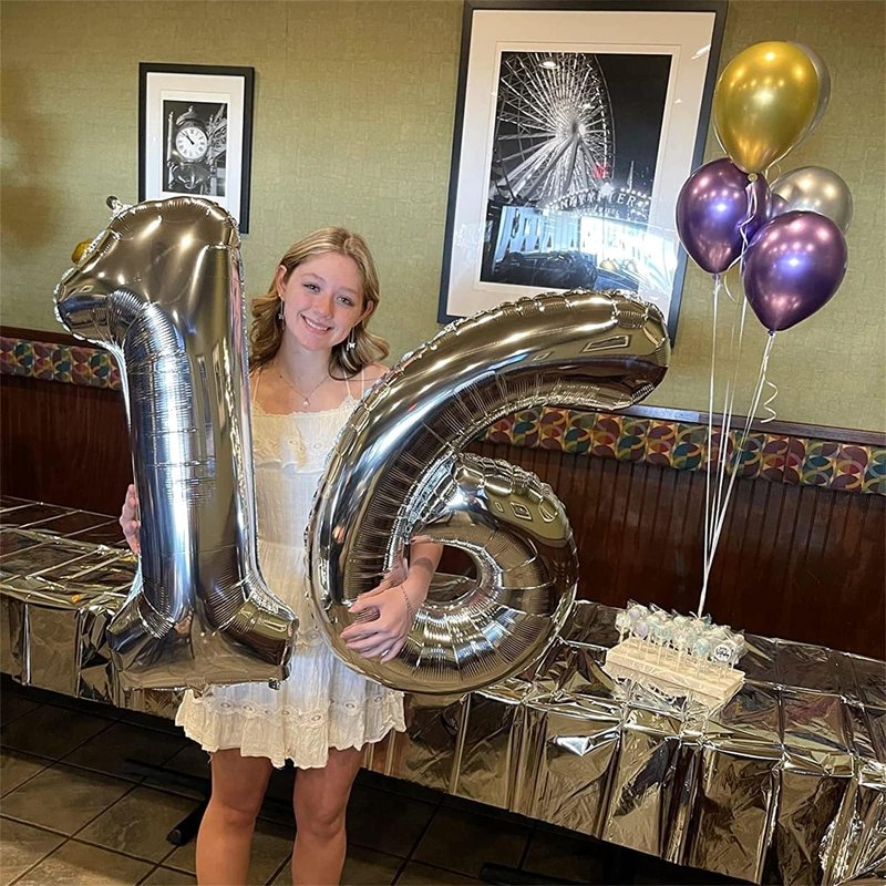 Silver Number Balloons, 40inch Large Number 4 Foil Helium Balloons for Girls Women, Self Inflating Number Balloons 0-9 for Men Boys 4th 14th 40th Birthday Anniversary Party Celebration Decoration