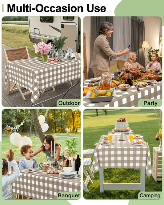 Smiry 8 Packs Gingham Disposable Table Cloth, 54 x 108 Inch Waterproof Plastic Tablecloth, Rectangle Khaki and White Checkered Table Covers for Outdoor, Birthday, Party