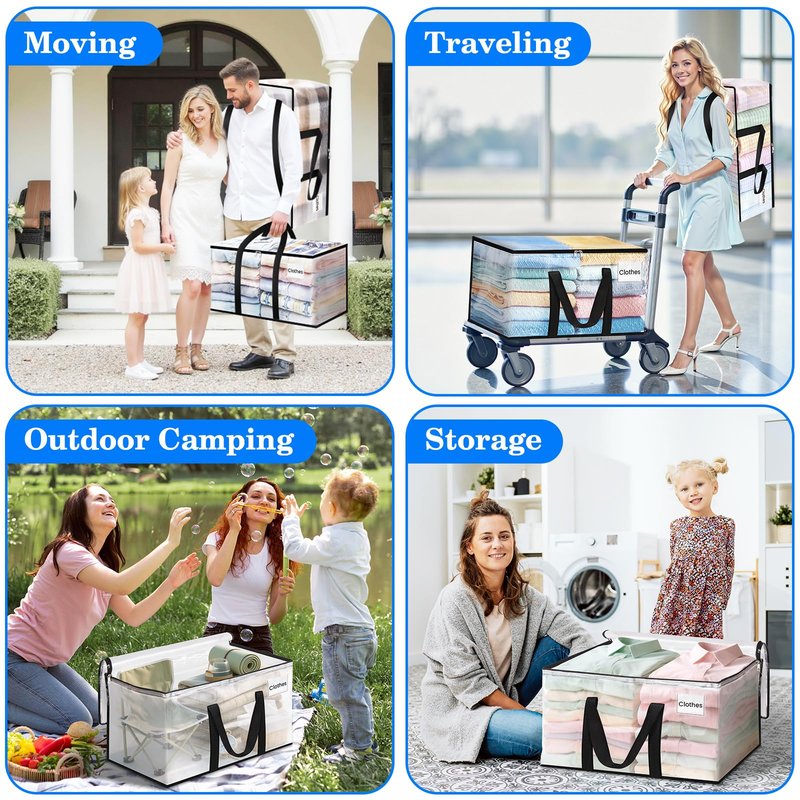 BlissTotes 6-Pack Large Moving Bags with Backpack Straps & Strong Zippers, Heavy-Duty Storage Bags Moving Boxes for Space Saving, Dorms, Transport, 93L-25 Gallons, Clear