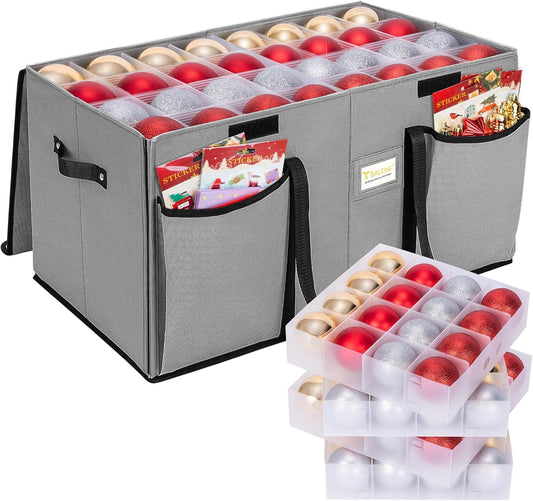 BALEINE Christmas Ornament Storage Box - Premium Container with Dividers for 128 Balls | Grey
