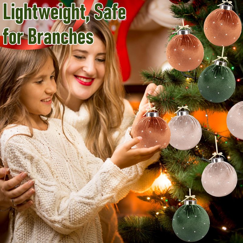 TonJin Christmas Tree Ornaments Velvet Balls 12 Pack, 3.15"/80mm Glitter Shatterproof Hanging Flocked Large Xmas Bulbs Decorations, Lightweight,Green Burnt Orange Neutral Holiday Party Home Decor