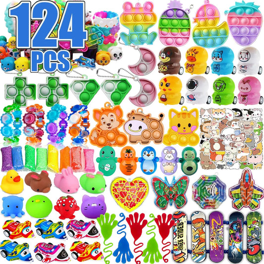 Pebatoor 124 PCS Pop Party Favors - Fidget Treasure Box Toys for Kids | Ideal for Goodie Bags & Prizes
