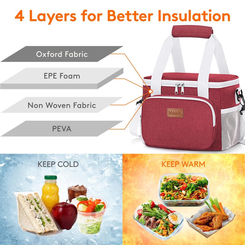 Lifewit Medium Lunch Bag, Insulated Lunch Box, Soft Cooler Cooling Tote for Adult Men Women, White and Red12-Can (9L)