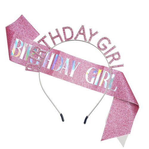 GREATRIL Pink Birthday Girl Tiara and Sash Crown Headband for Her Princess Birthday Party Pink Accessories
