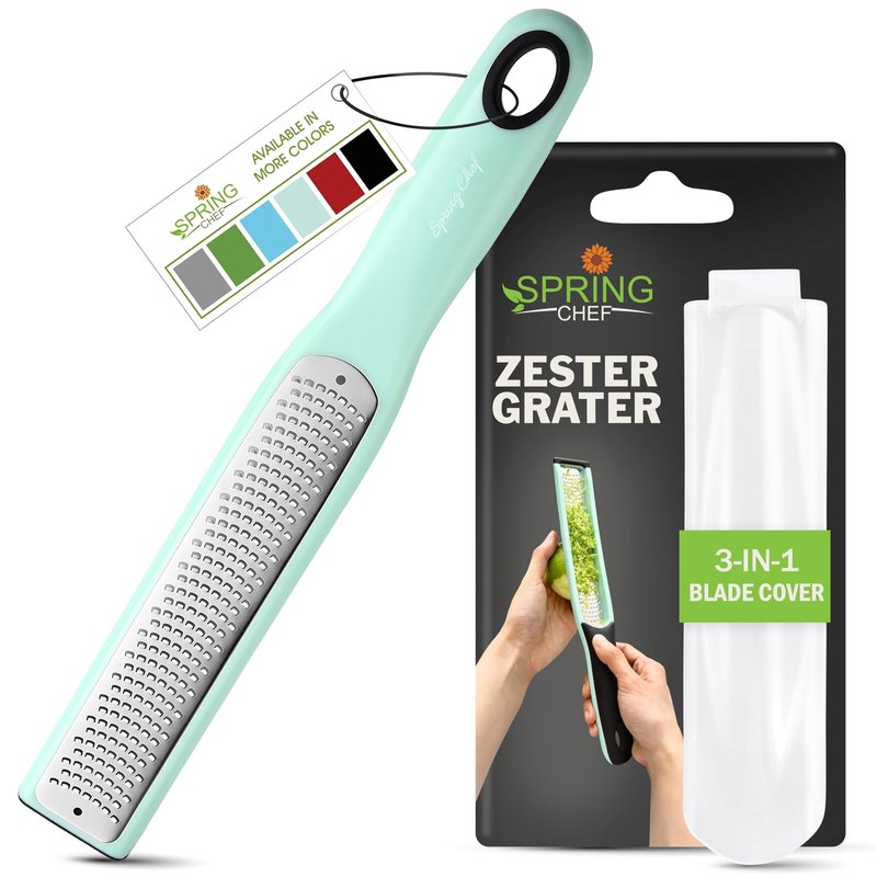 Spring Chef Premium Lemon Zester Grater with Handle - Fruit, Garlic, Lime, Orange, Nutmeg, Garlic Grater - Heavy Duty Kitchen Tool - Stainless Steel Citrus Zester with Blade Cover - Fine Shred, Mint