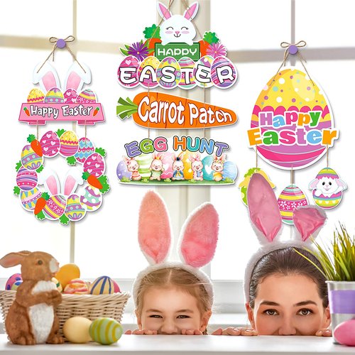 Easter Egg-Bunny Home Front-Door Hanger-Decor - 4pcs Pastel Rainbow Birthday Paper Signs Banners, Happy Easter Spring Wall Hanging Indoor Decorations Lasting Surprise