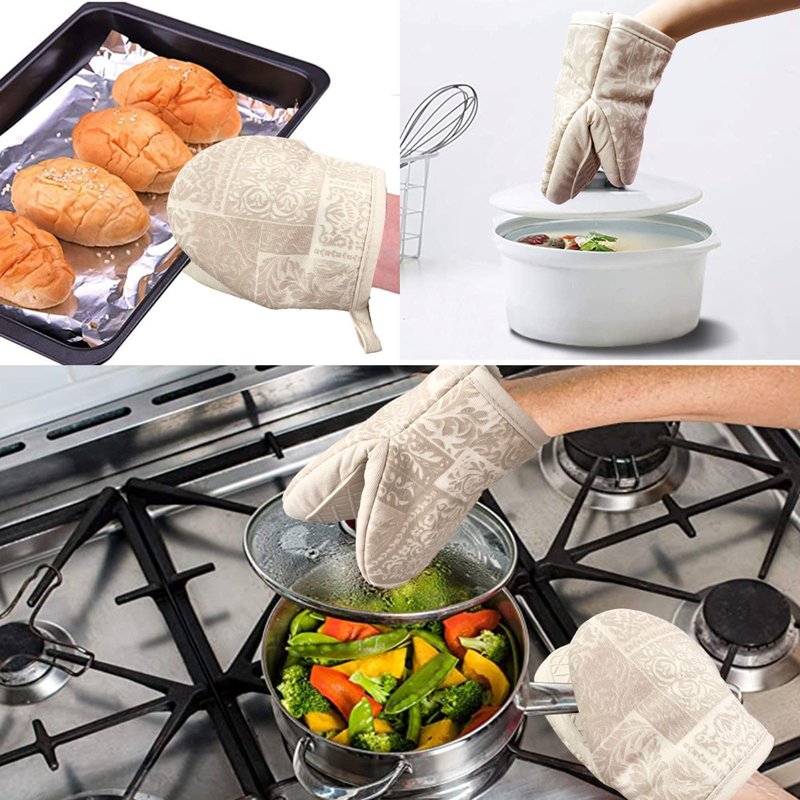 Alselo Mini Silicone Oven Mitts, Heat and Slip Resistant Kitchen Mittens 2-Pack Set, Khaki Patchwork Flower Soft Short Oven Gloves, Flexible Thick Pot Holders for Safe Cooking Baking & Grill (Khaki)