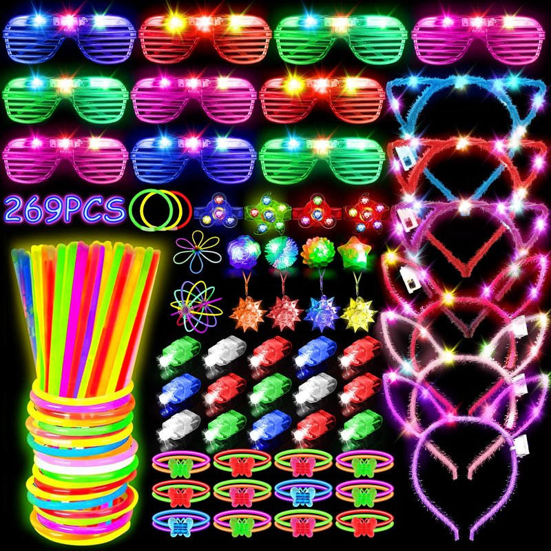 MIBOTE 269Pcs Led Light Up Toys Party Favors Glow in the Dark Party Supplies for Kid/Adults with Light Up Glasses,Headband,Rings,Bracelets,100 Glow Sticks Bulk Party Pack DIY Glow Neon Party Supplies