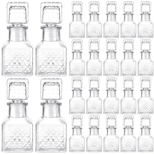 Chuangdi 24 Pcs Mini Glass Wine Bottles 1.7oz Glass Patron Bottles with Stopper Decorative Tequila Bottle for Whiskey Vanilla Extract Champagne Wedding Baby Shower Party Favors(Square Style)