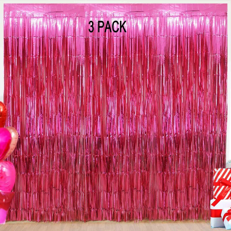 Valentines Day Party Decorations - 3 Pack of 3.2x8.2ft Hot Pink Foil Fringe Curtains Streamers Backdrop for Birthday Bachelorette Party Valentines Backdrop Decorations