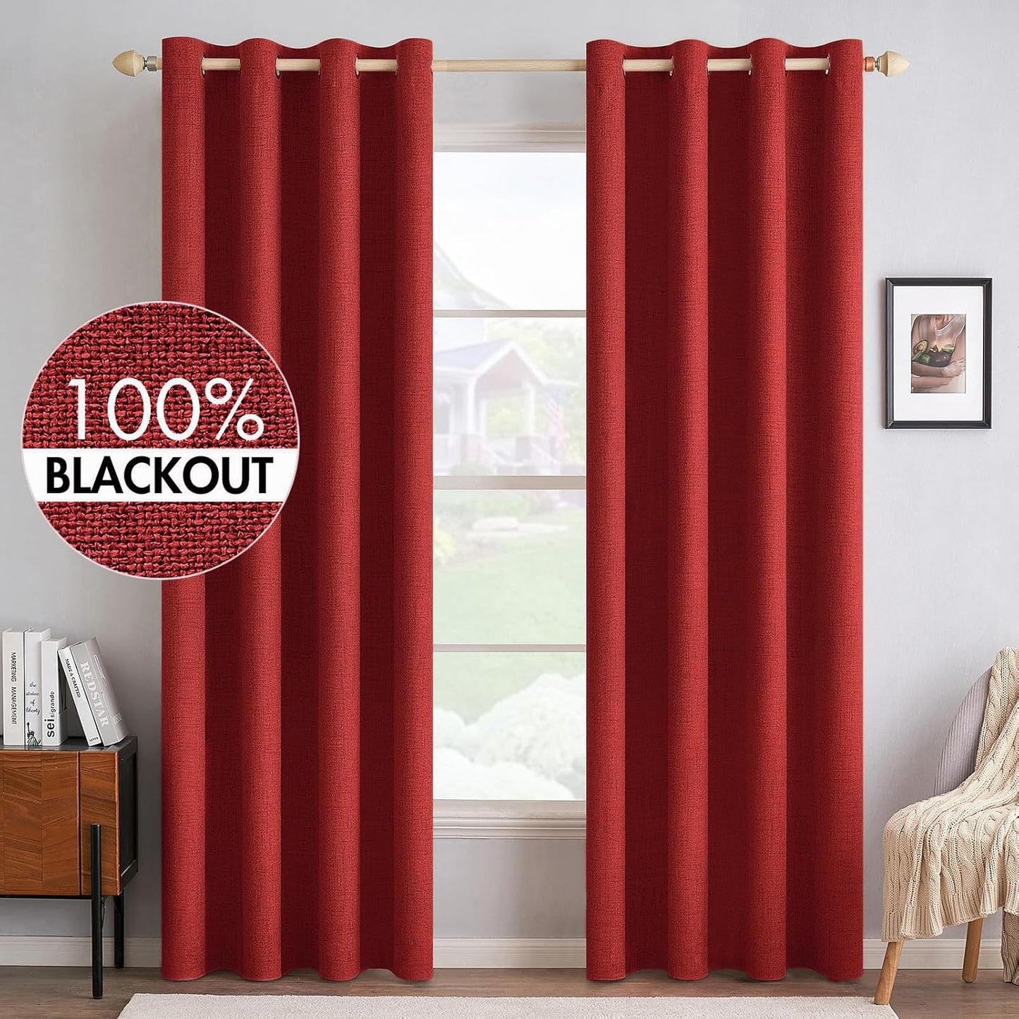 MIULEE 100% Blackout Linen Curtains - Thermal Insulated Red Grommet Drapes | 52 x 96 Inch (2 Panels)