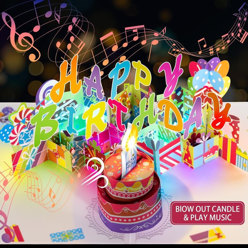 3D Pop Up Birthday Card with Music and Blowable LED Candle - Magic Blow-Out Greeting Card for Women, Men, Kids - Fits Any Age 1-100 Milestone Birthday Celebration Gifts Decorations for Women, Men, Mom, Wife, Husband, Boy, Girl