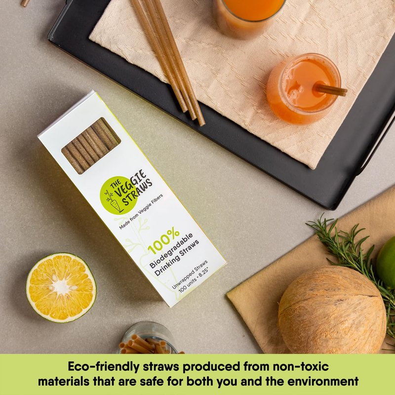 The Veggie Straws – 100 PCS of 8.25 Inches Unwrapped Biodegradable Straws – Made of Vegetable Fibers, Best Environment Friendly Drinking Straws for Hot and Cold Beverages