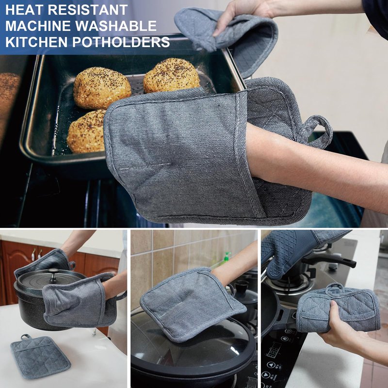 Pot Holders Yarn-Dyed Set of 3 Non Slip Silicone Kitchen Lines Heat Resistant 500℉ Kitchen Gloves BBQ Cooking Baking Women Men Cooking Barbecue Microwave Machine Washable (Gray Potholders)