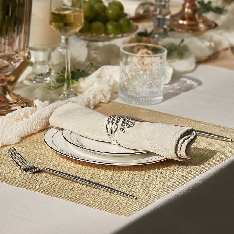 Leetaltree Sparkling Gold Sequin Woven Vinyl Placemats, Set of 6 - Waterproof & Washable Dining Table Mats for Wedding, Anniversary, Daily Use, Hand-Cut