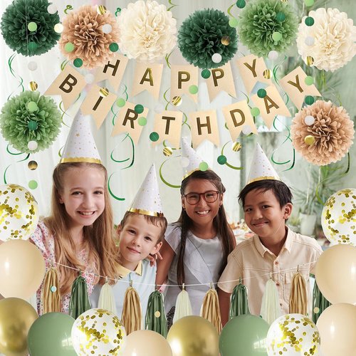 Green Birthday Party Decorations for Women Girls with Happy Birthday Banner,Tissue Paper Pompoms, Paper Tassel,Circle Garland,Hanging Swirl,Decorations Balloons for Party Decor (sage green)