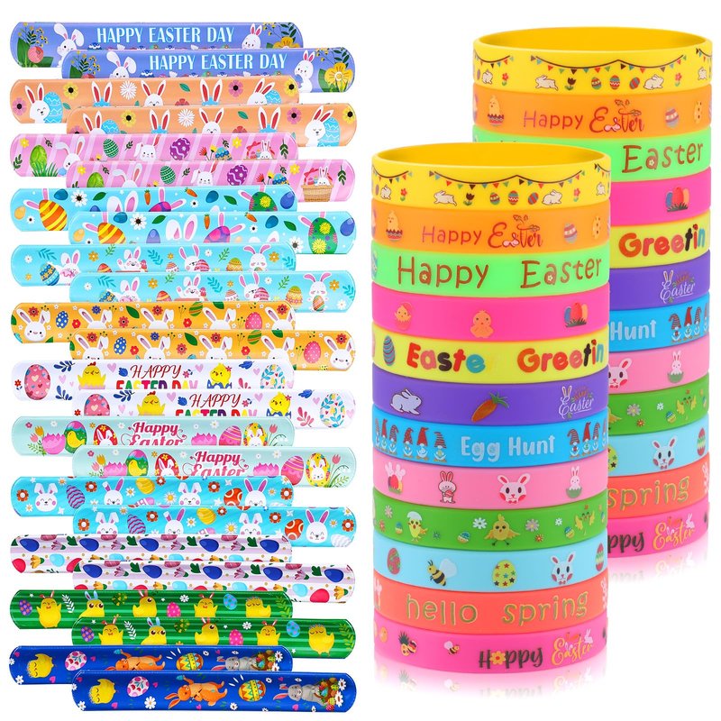xutengy 48Pcs Easter Party Favors Decorations Slap Bracelets Rubber Wristbands for Kids Girls Boys，Easter Basket Stuffers Easter Egg Fillers Gifts for Toddlers