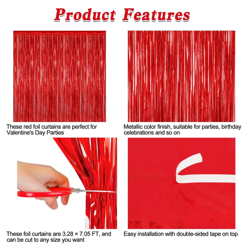 4 Pack Red Backdrop, 3.28 FT x 7.05 FT Party Streamer, Valentines Day Metallic Birthday Tinsel Backdrop Foil Fringe Curtains, Door Streamer for Red Party Decorations Casino Decor Photo Booth Props