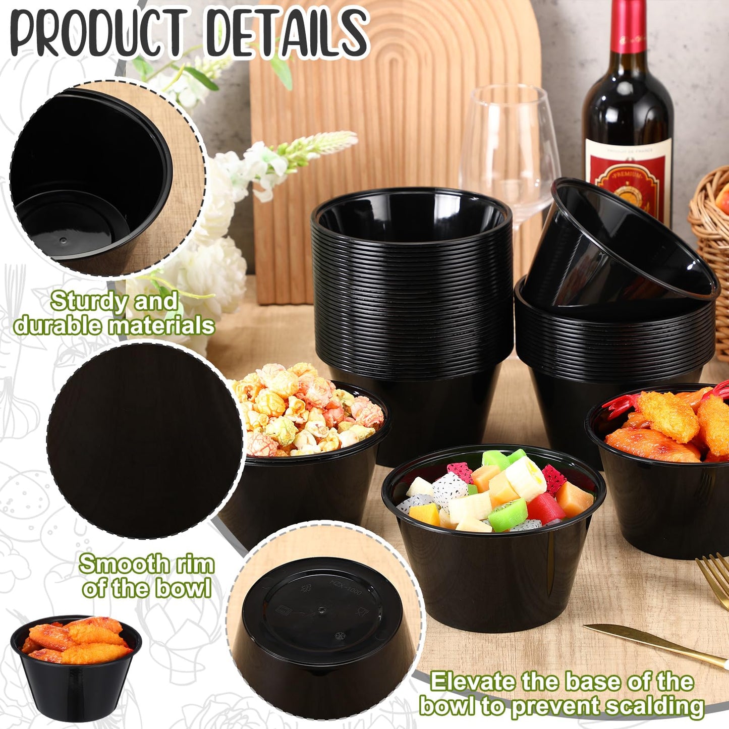 Newtay 100 Pcs 32 Oz Disposable Plastic Bowls Stackable Salad Bowls Large Serving Soup Tableware Candy Bar Containers for Party Salad Bar Buffet Serving (Black)